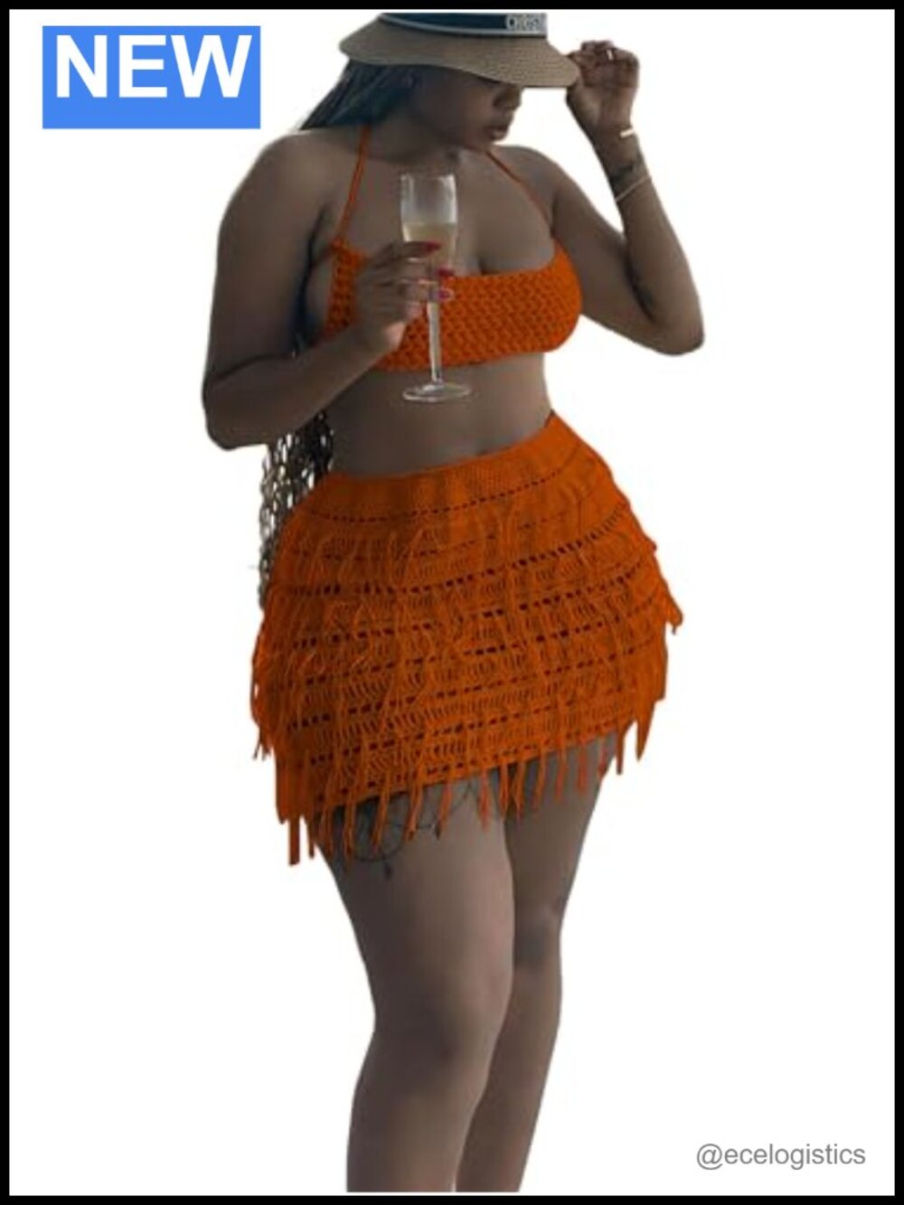 Crochet Beach Cover Up Set Fringe Knit Skirt & Crop Top Outfit Halter Boho